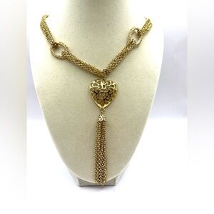 Necklace  Gold Tone Triple Chain Heart Pendant Tassel Twisted Bands Necklace